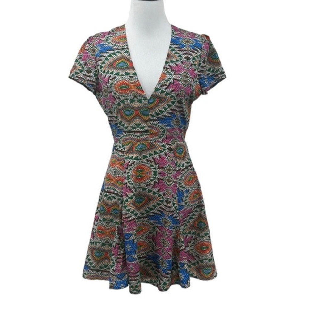 Lovers + Friends Fit & Flare Dress Womens Small Green Blue Cassidy Mosaic V-neck